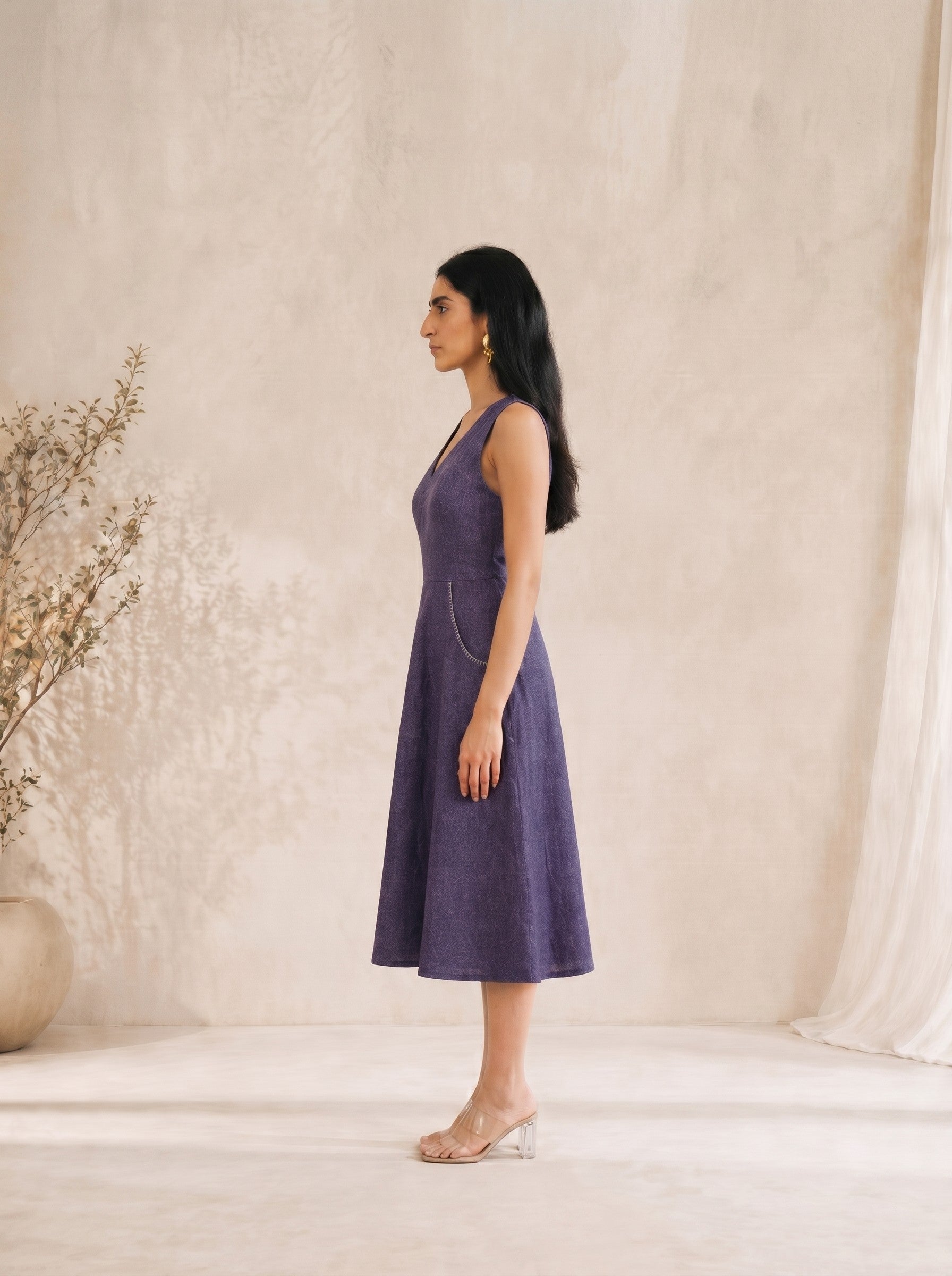 JOYLAND-Bias Fit & Flare Cotton Dress with Asymmetric Placket and Hand worked Pockets.
