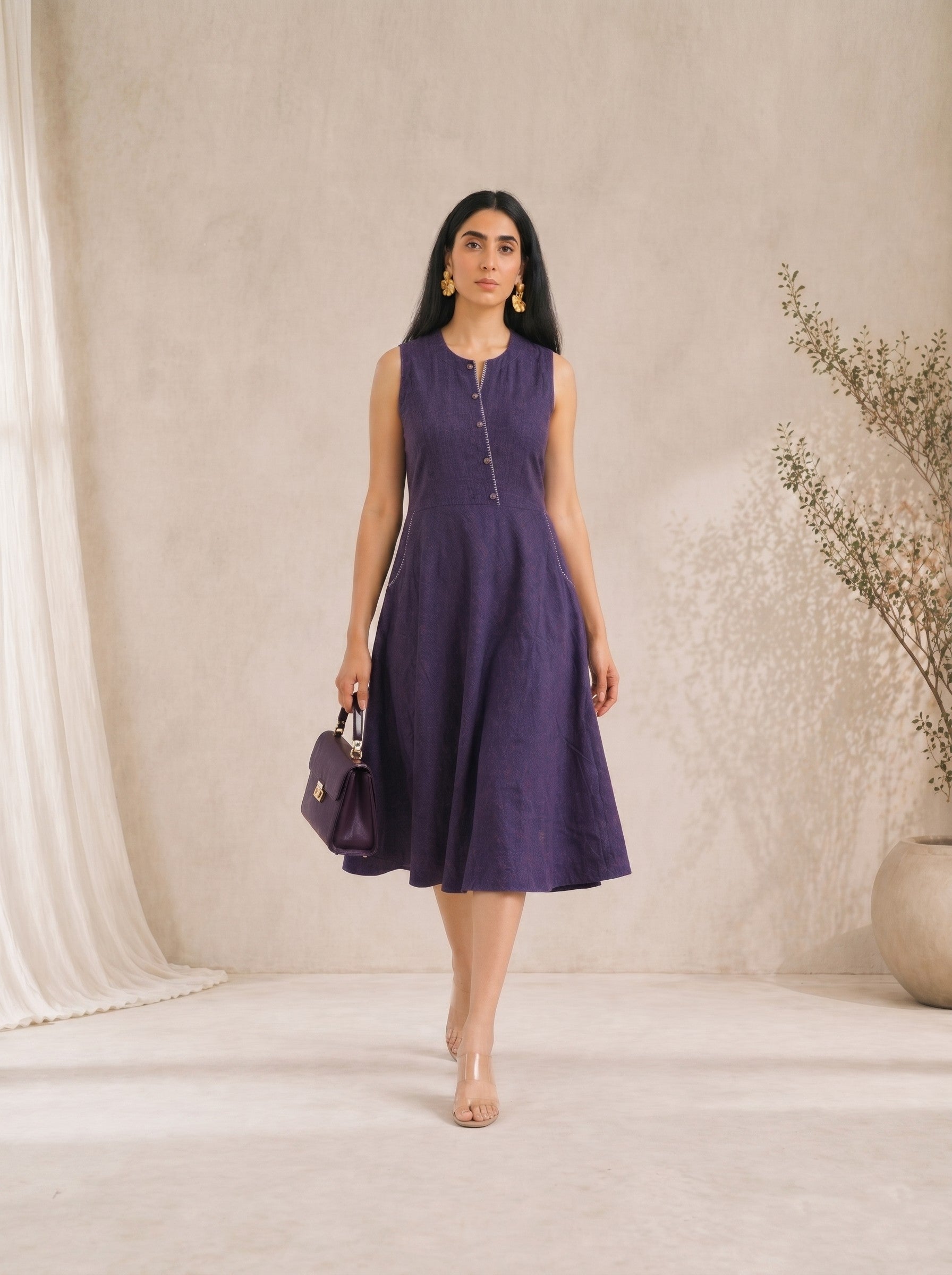 JOYLAND-Bias Fit & Flare Cotton Dress with Asymmetric Placket and Hand worked Pockets.