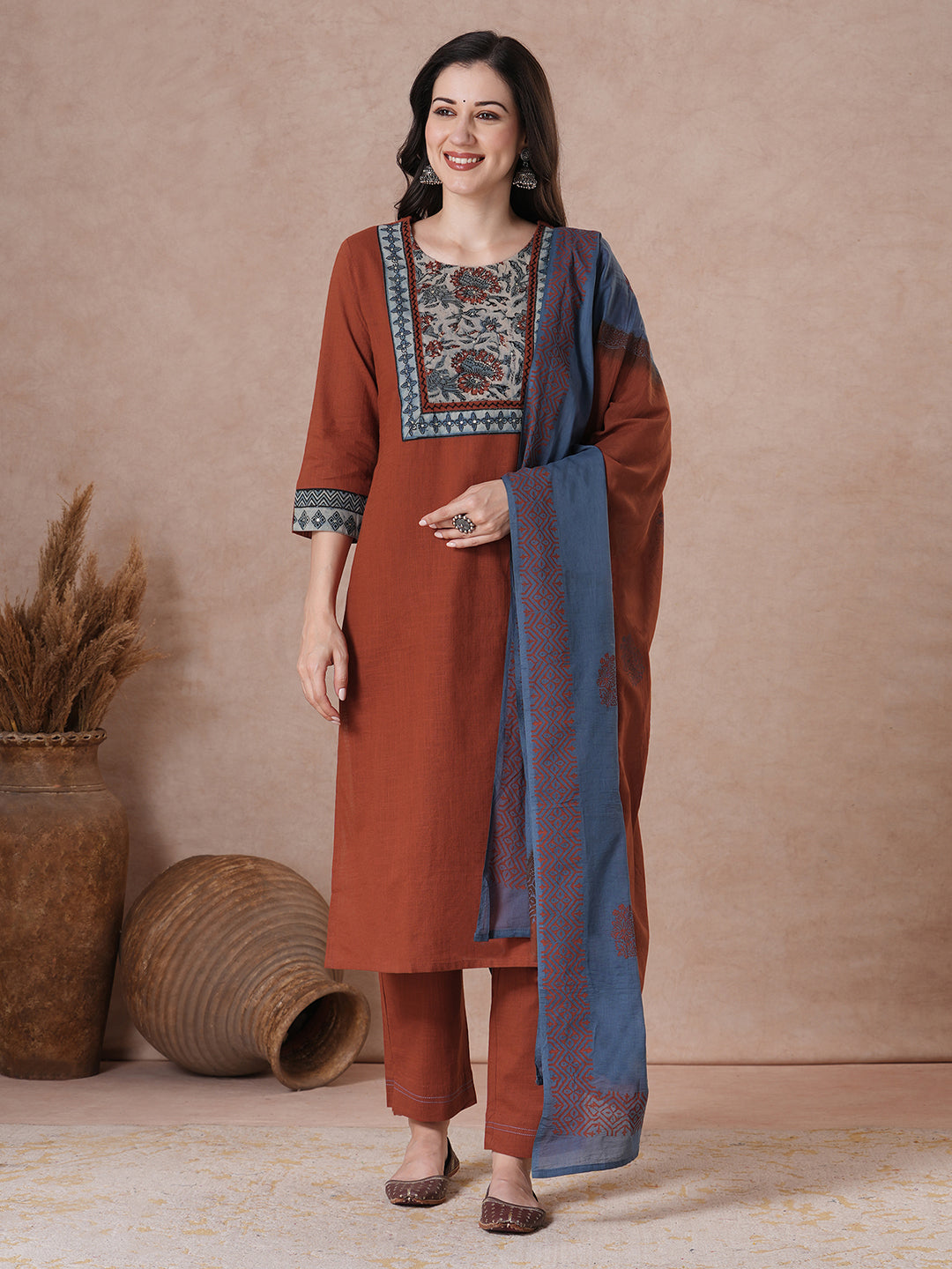 Rust Bagru Printed Yoke Kurta Set with Dual-Tone Dupatta.