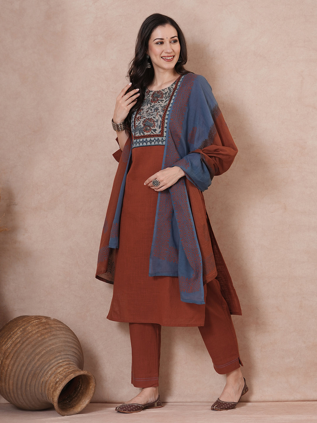 Rust Bagru Printed Yoke Kurta Set with Dual-Tone Dupatta.
