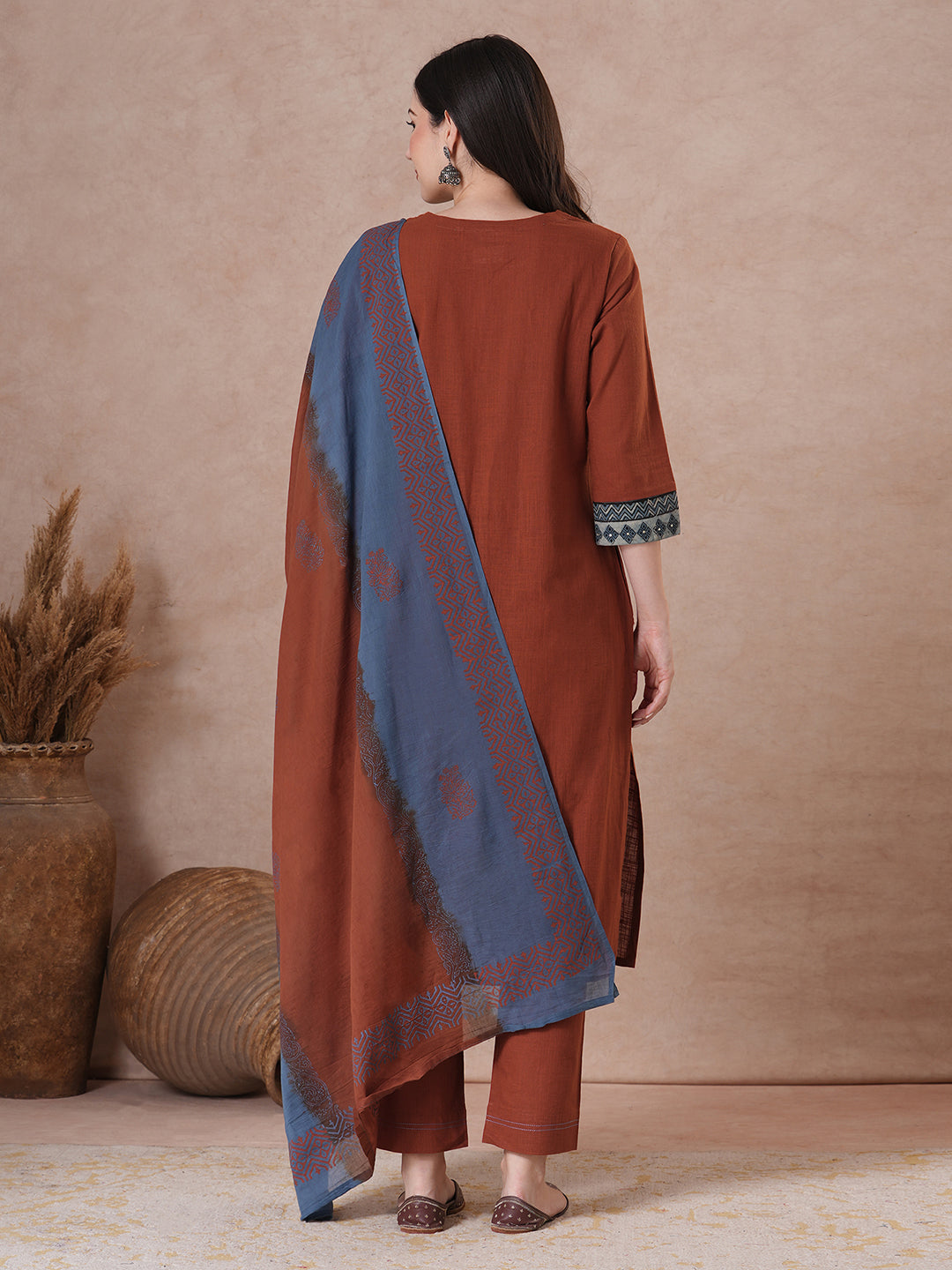 Rust Bagru Printed Yoke Kurta Set with Dual-Tone Dupatta.