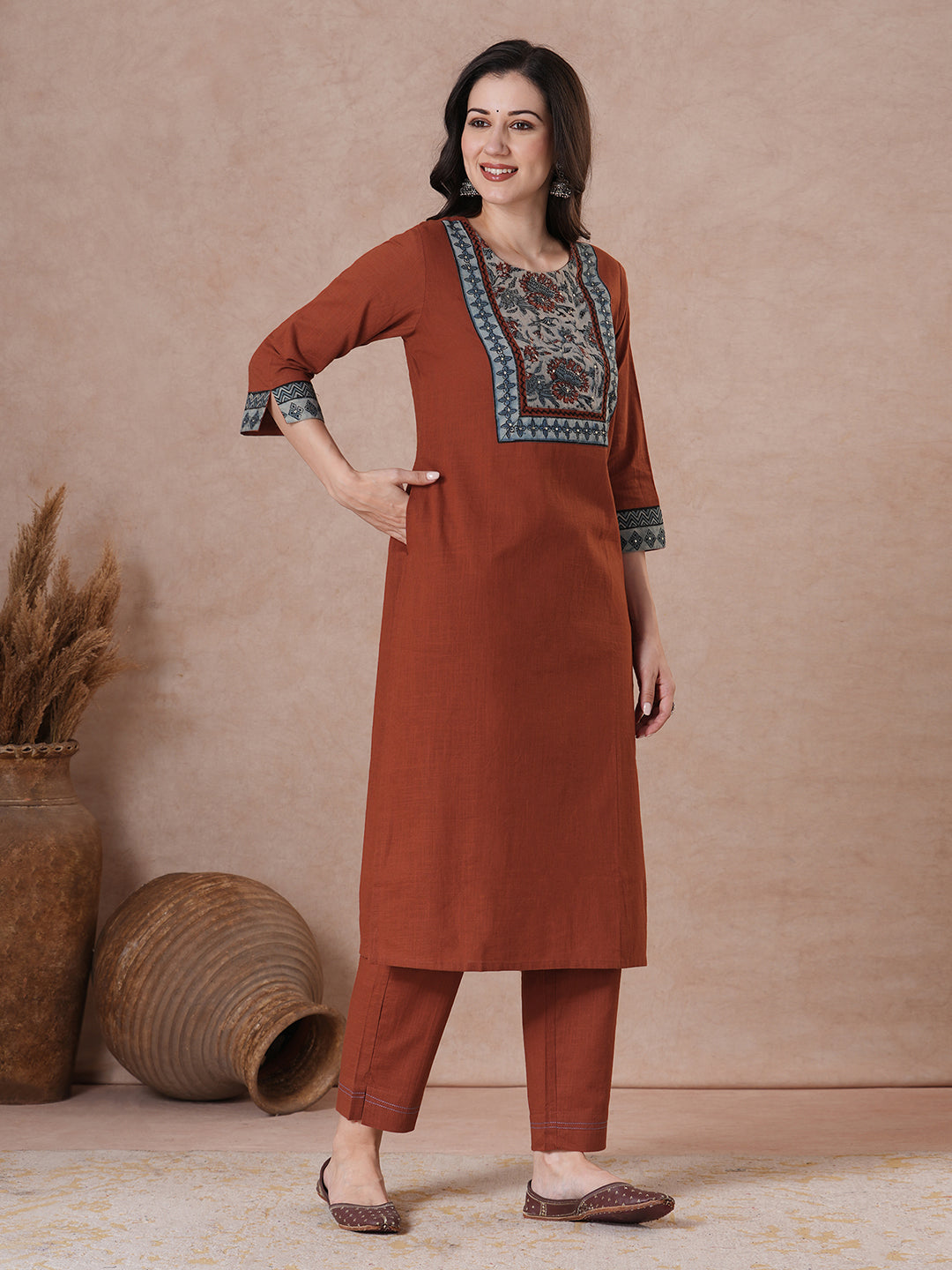 Rust Bagru Printed Yoke Kurta Set with Dual-Tone Dupatta.