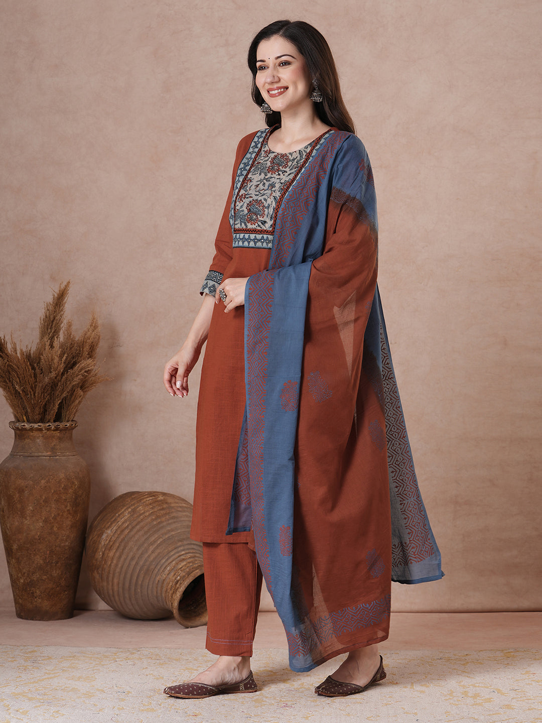 Rust Bagru Printed Yoke Kurta Set with Dual-Tone Dupatta.