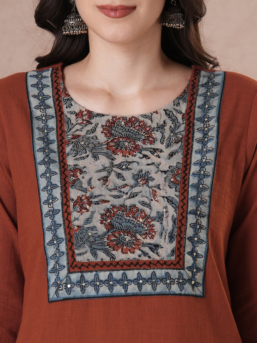 Rust Bagru Printed Yoke Kurta Set with Dual-Tone Dupatta.