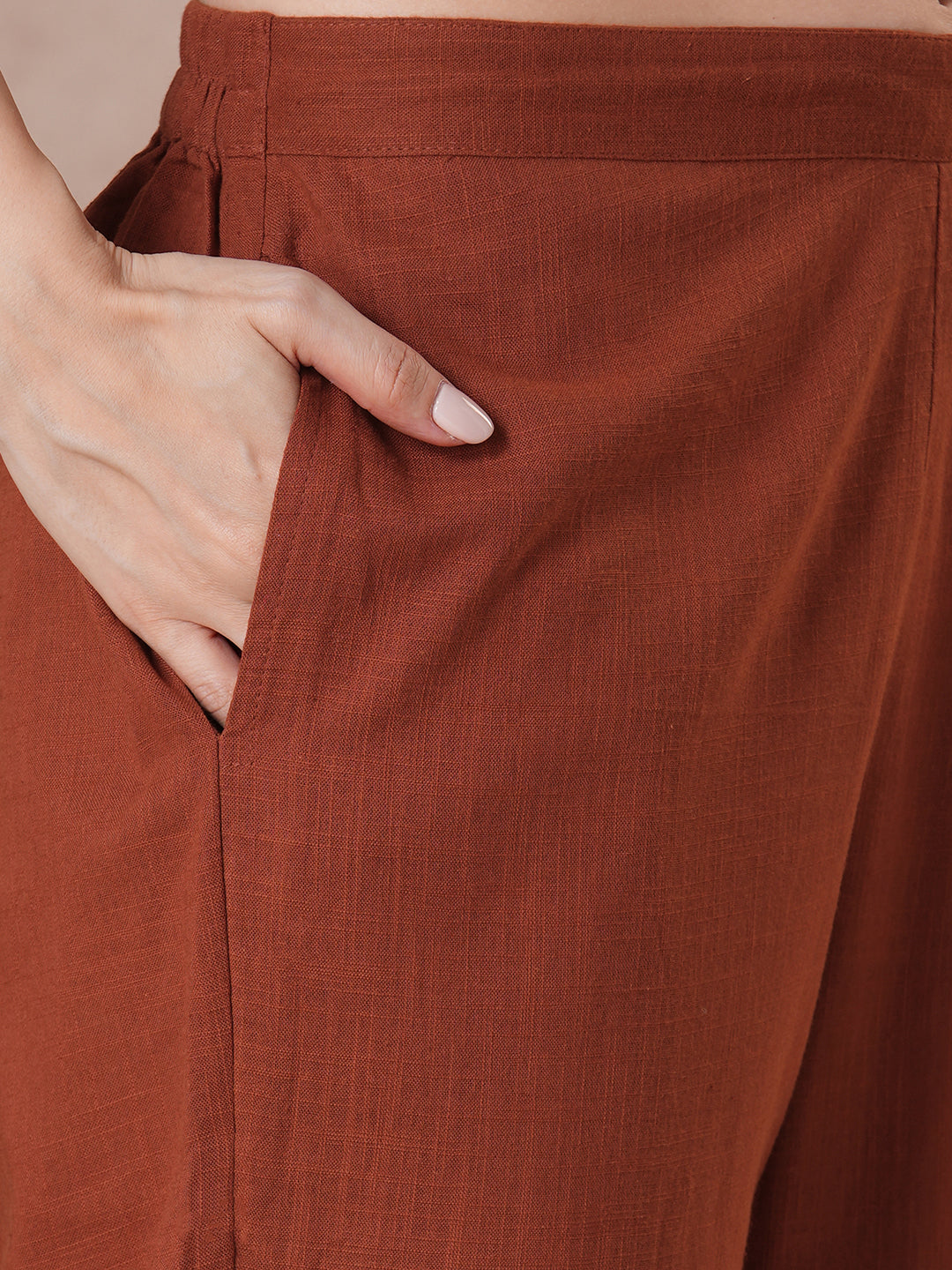 Rust Bagru Printed Yoke Kurta Set with Dual-Tone Dupatta.