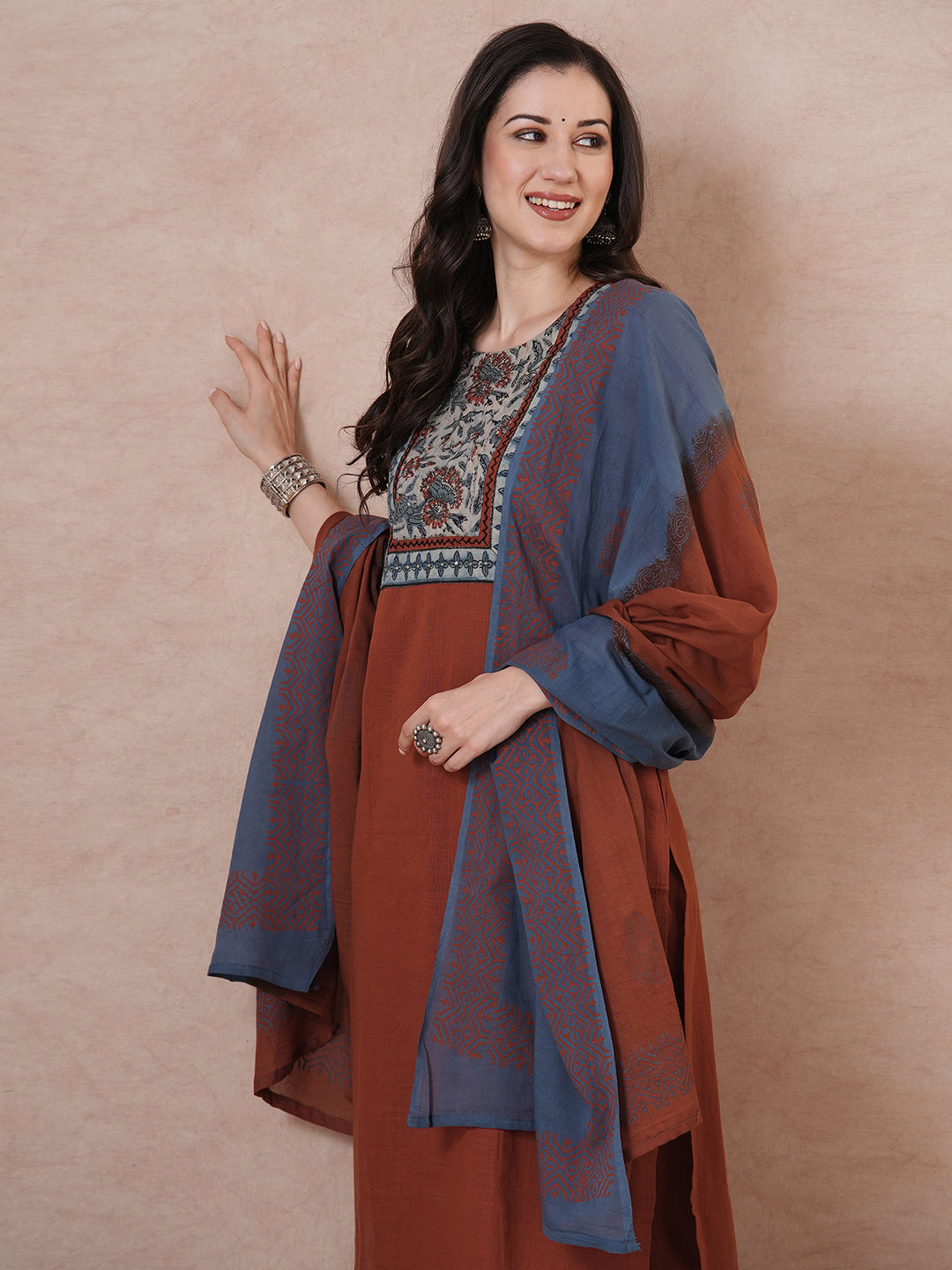 Rust Bagru Printed Yoke Kurta Set with Dual-Tone Dupatta.