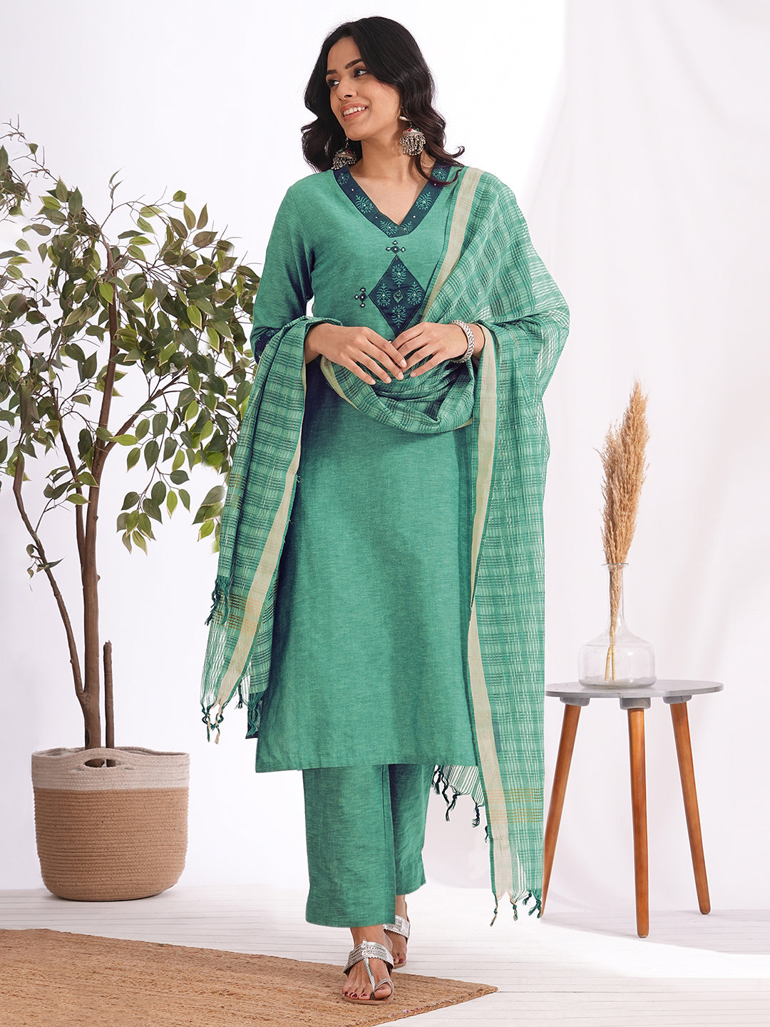 straight fit cotton embroidered suit set with a screen printed dupatta & self bottom.