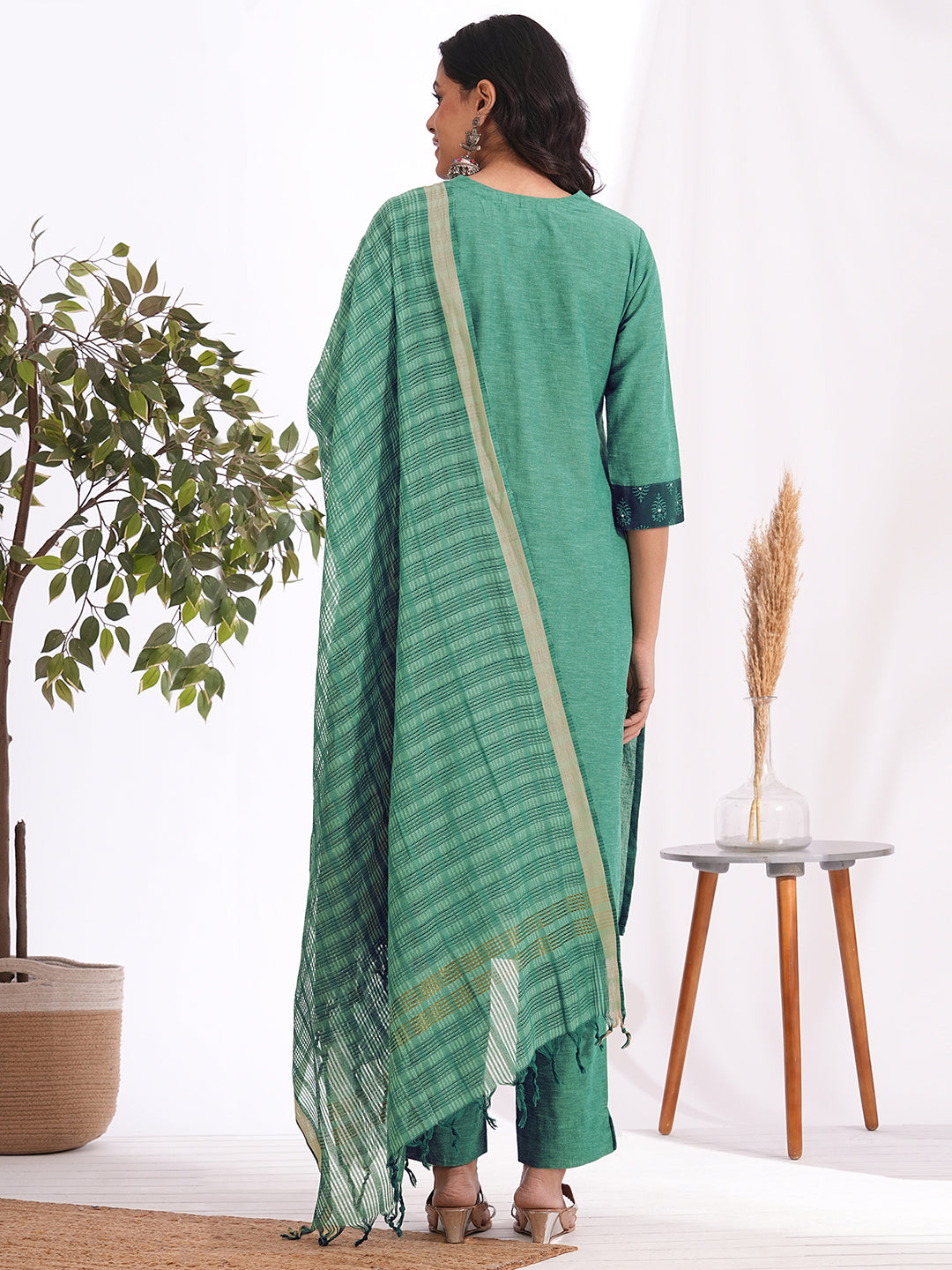 straight fit cotton embroidered suit set with a screen printed dupatta & self bottom.