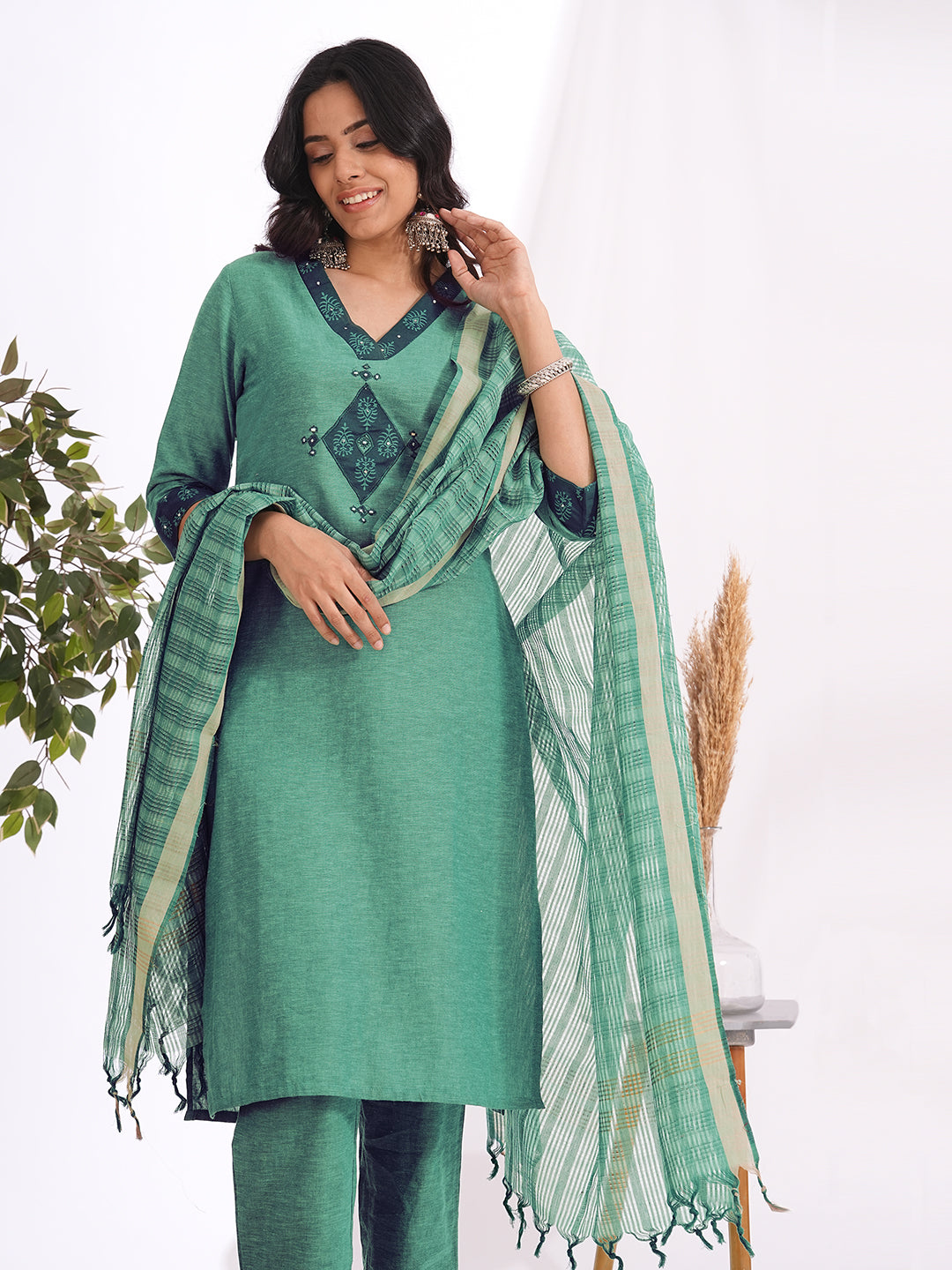 straight fit cotton embroidered suit set with a screen printed dupatta & self bottom.