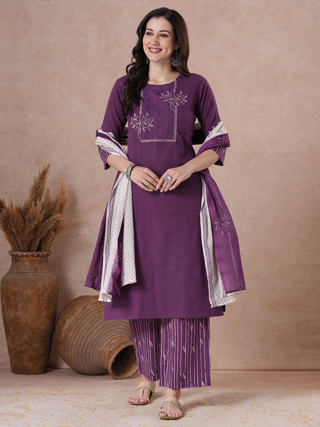 Plum Block Printed Kurta Set with Palazzo & Dupatta.