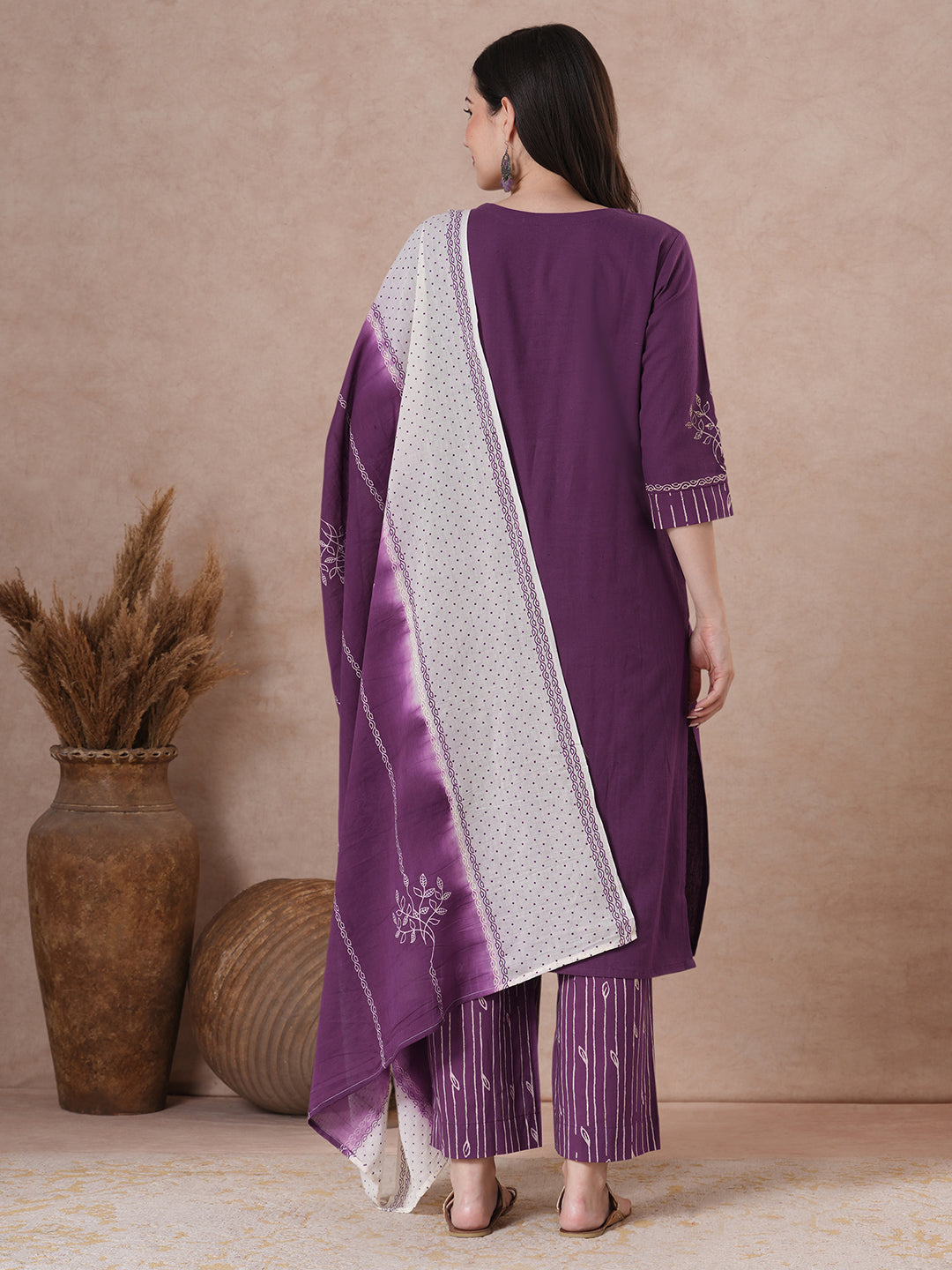 Plum Block Printed Kurta Set with Palazzo & Dupatta.