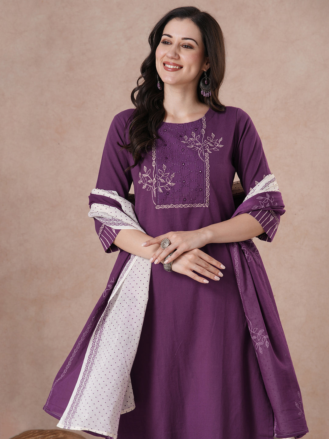 Plum Block Printed Kurta Set with Palazzo & Dupatta.