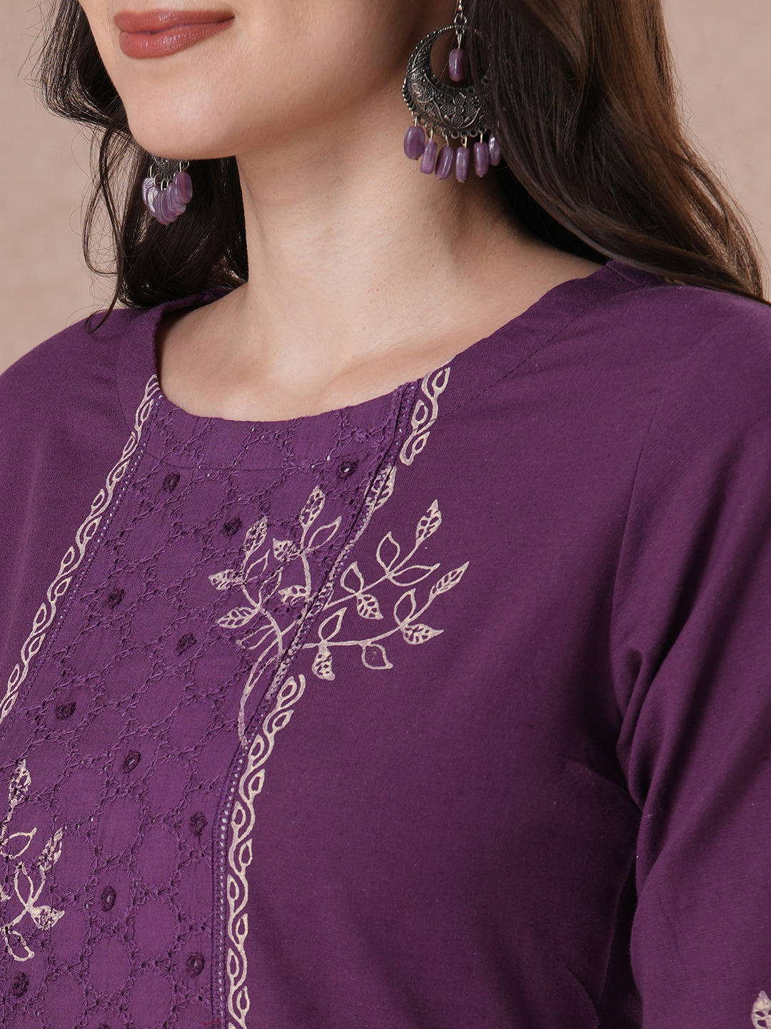 Plum Block Printed Kurta Set with Palazzo & Dupatta.