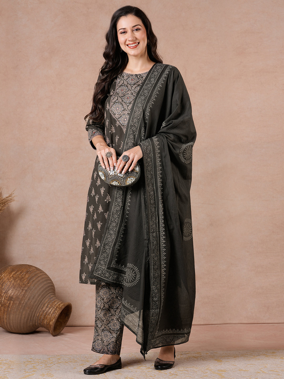 Printed Cotton Lace Detailed Straight Fit Kurta Suit Set with Mirror Work & Block Print Dupatta.