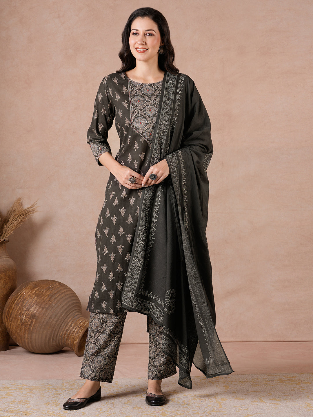 Printed Cotton Lace Detailed Straight Fit Kurta Suit Set with Mirror Work & Block Print Dupatta.