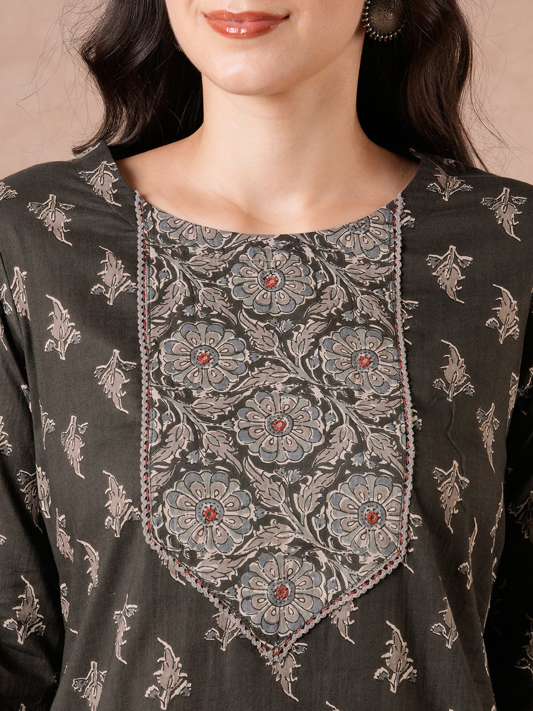 Printed Cotton Lace Detailed Straight Fit Kurta Suit Set with Mirror Work & Block Print Dupatta.