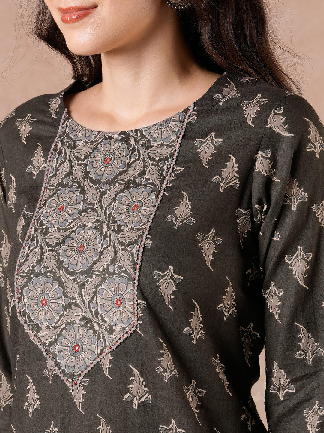 Printed Cotton Lace Detailed Straight Fit Kurta Suit Set with Mirror Work & Block Print Dupatta.