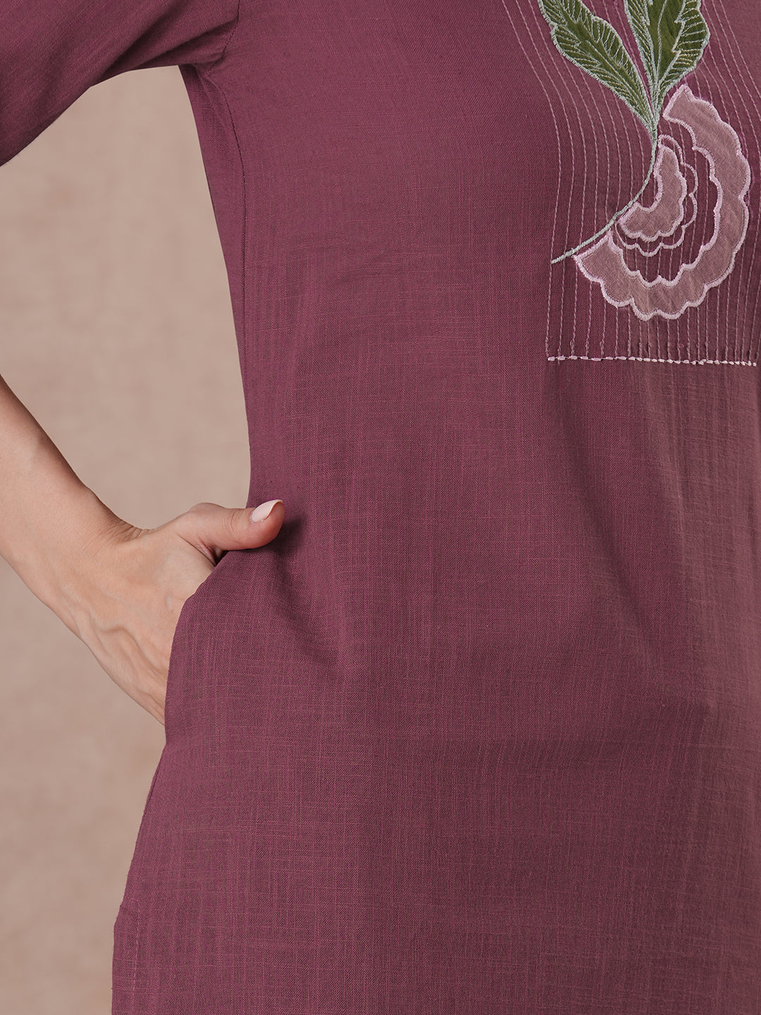 Magenta Applique Yoke Kurta Set with floral printed pants.