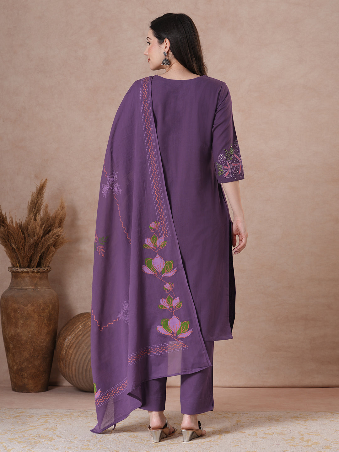 Purple Floral Embroidered Kurta Set with elegant wavy border Dupatta.