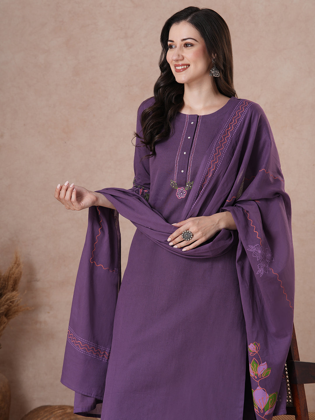 Purple Floral Embroidered Kurta Set with elegant wavy border Dupatta.