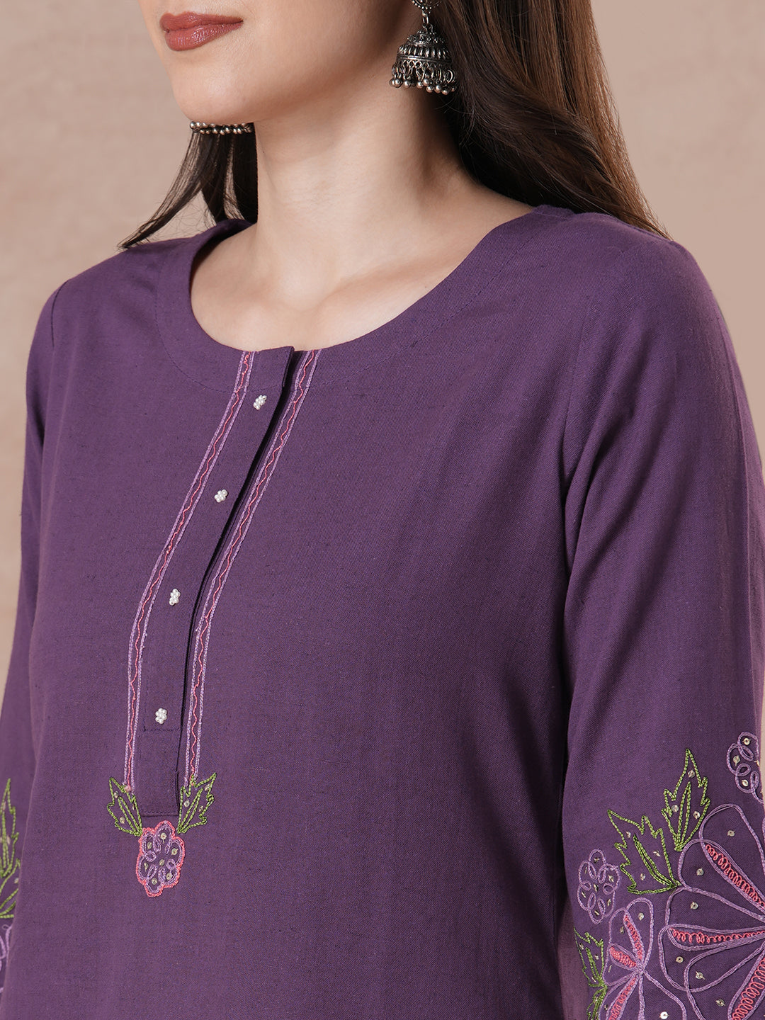 Purple Floral Embroidered Kurta Set with elegant wavy border Dupatta.