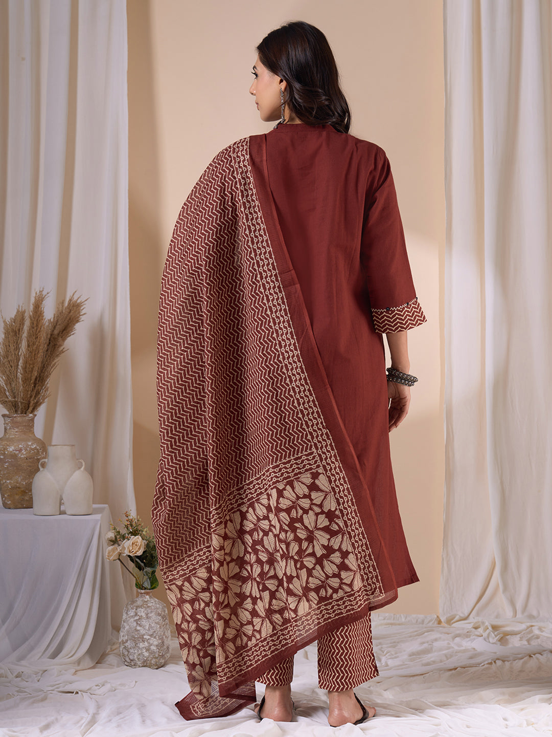 Straight Fit 3-Piece Kurta Suit Set with Subtle Handwork, Printed Bottom & Coordinated Dupatta.