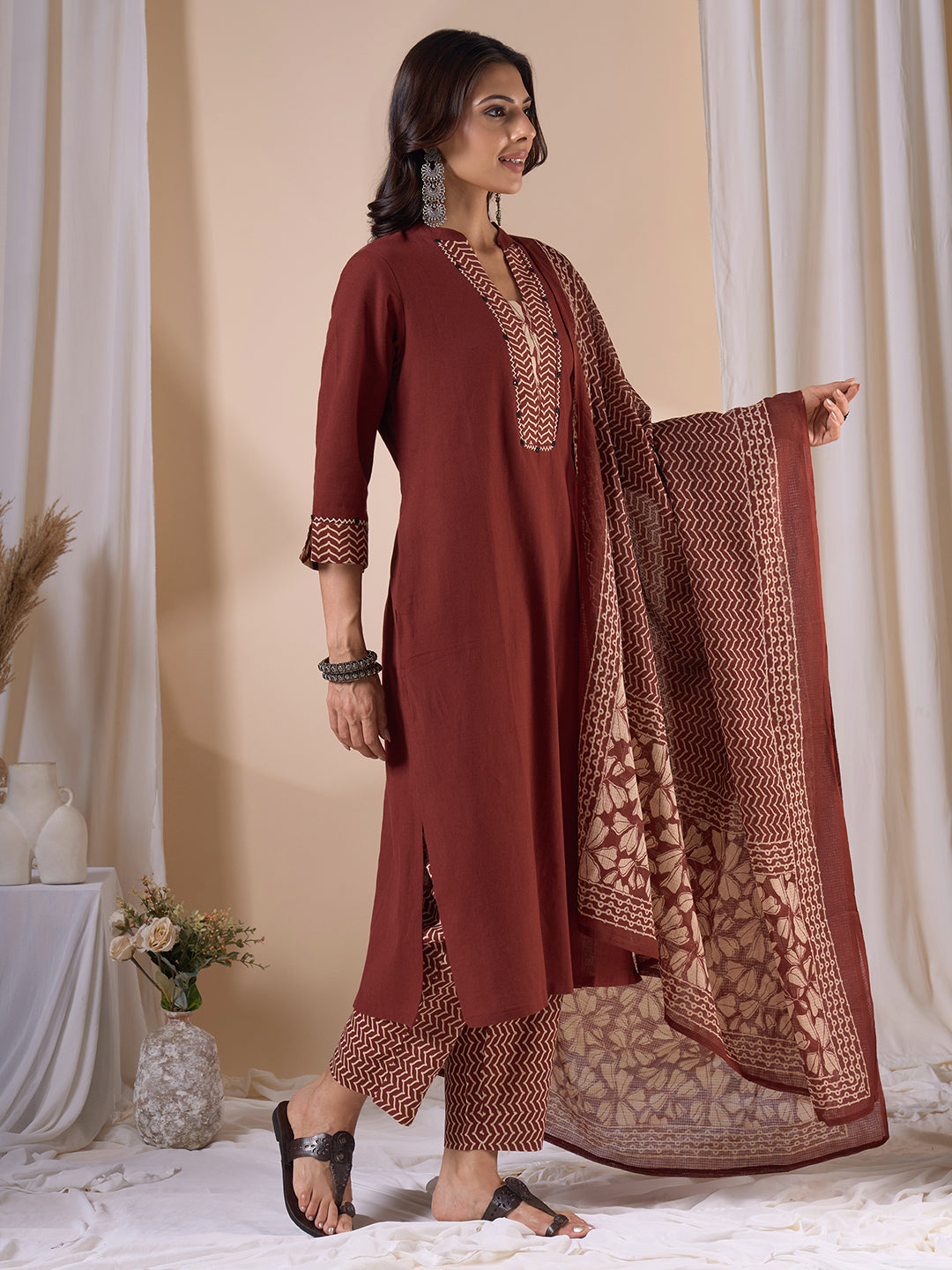 Straight Fit 3-Piece Kurta Suit Set with Subtle Handwork, Printed Bottom & Coordinated Dupatta.