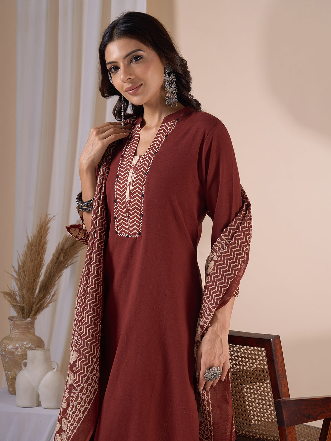 Straight Fit 3-Piece Kurta Suit Set with Subtle Handwork, Printed Bottom & Coordinated Dupatta.