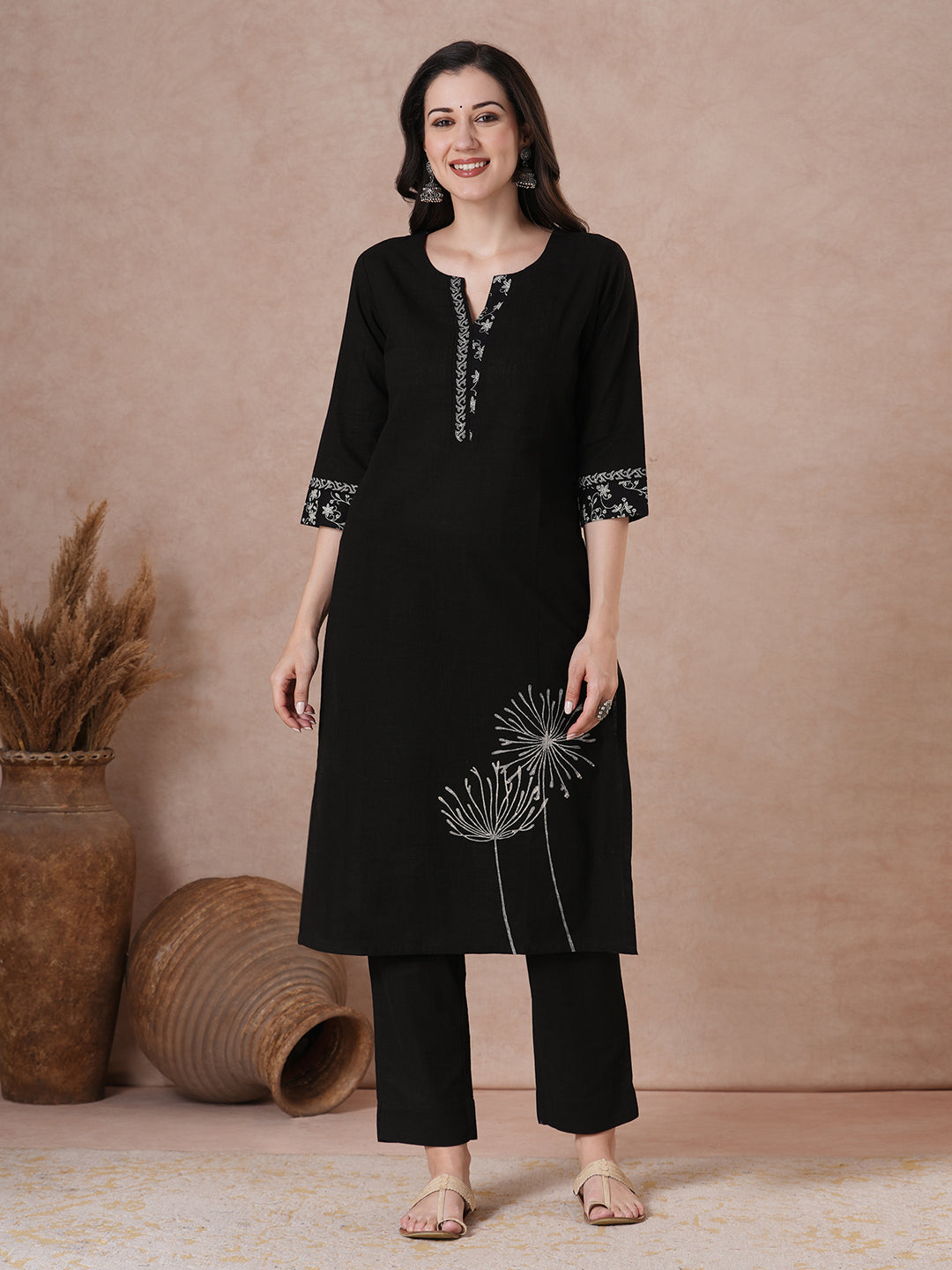 Elegant Black Cotton Straight Fit Kurta Set with Hand Block Print, Dobby Printed Dupatta and Coordinated Solid Pants