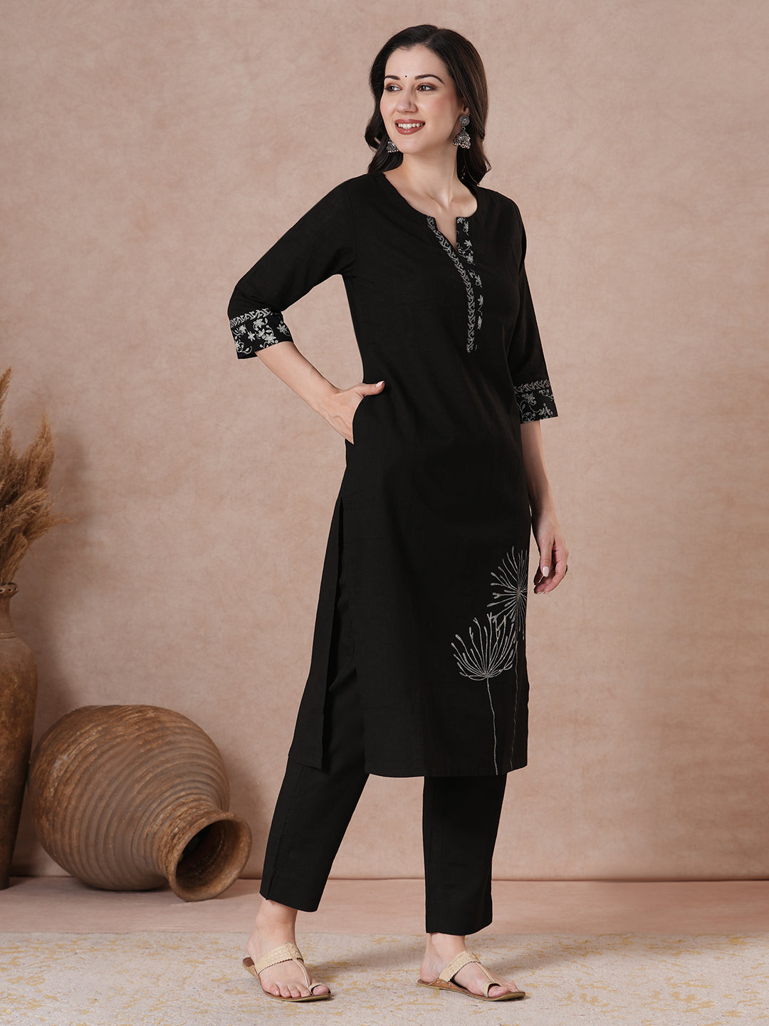 Elegant Black Cotton Straight Fit Kurta Set with Hand Block Print, Dobby Printed Dupatta and Coordinated Solid Pants