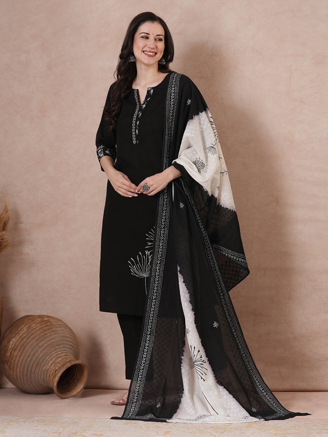 Elegant Black Cotton Straight Fit Kurta Set with Hand Block Print, Dobby Printed Dupatta and Coordinated Solid Pants