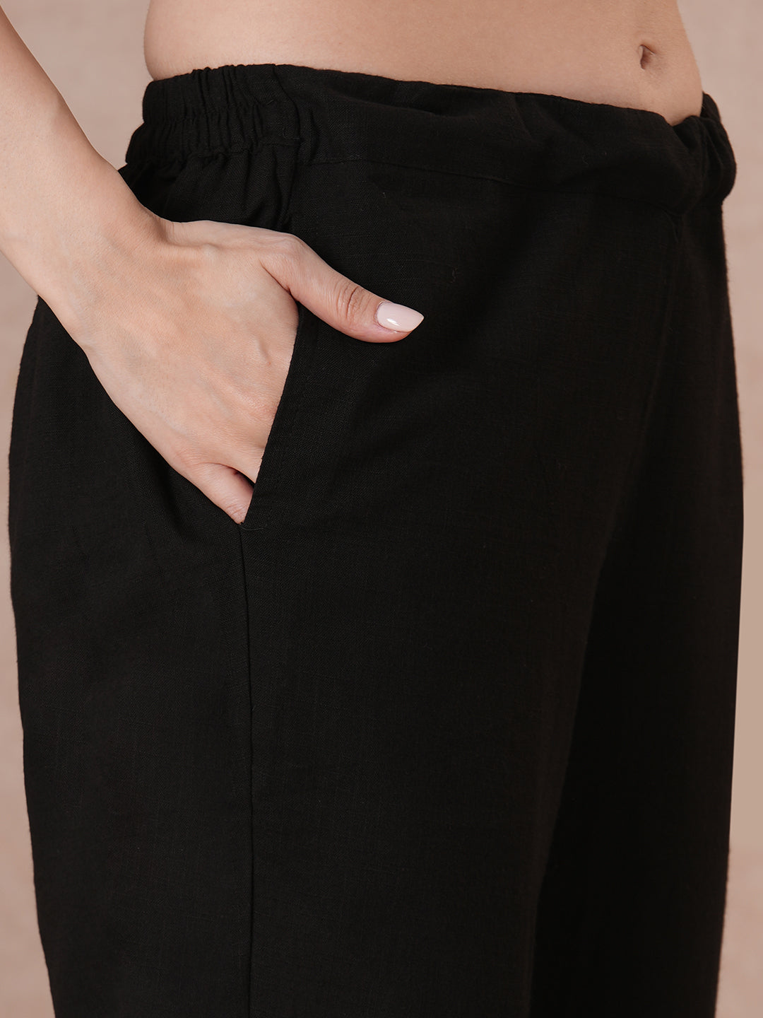Elegant Black Cotton Straight Fit Kurta Set with Hand Block Print, Dobby Printed Dupatta and Coordinated Solid Pants