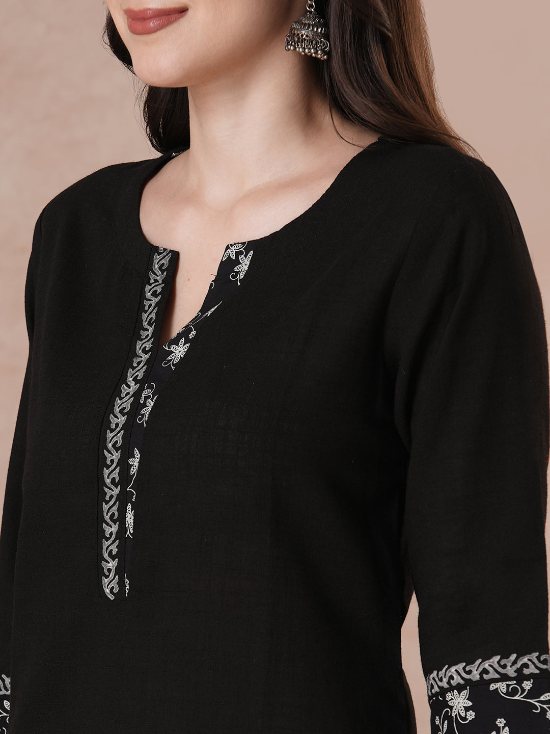 Elegant Black Cotton Straight Fit Kurta Set with Hand Block Print, Dobby Printed Dupatta and Coordinated Solid Pants