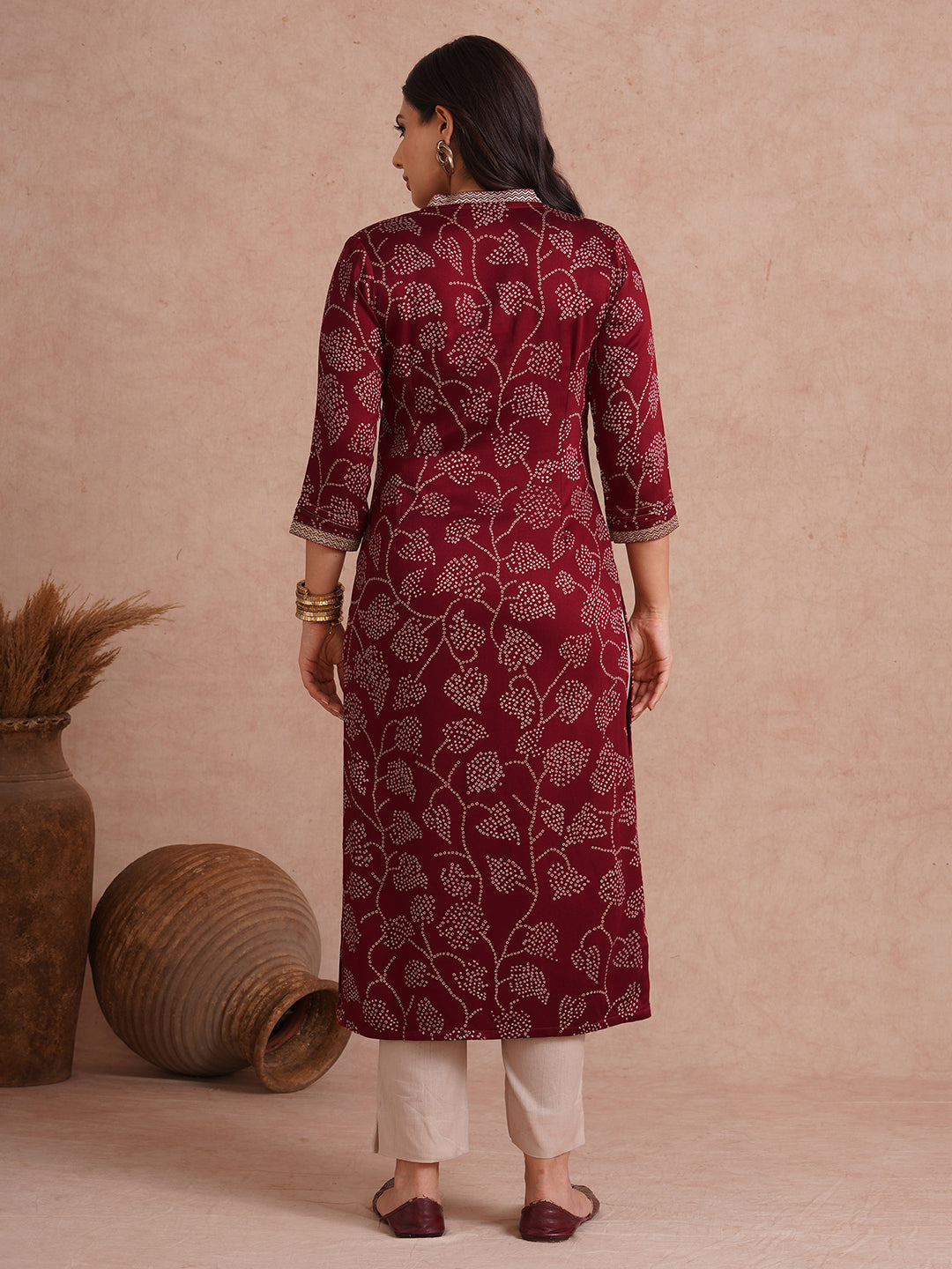 Party Edit- Straight fit kurta in printed gajji satin with embroidered neck and sleeve border.