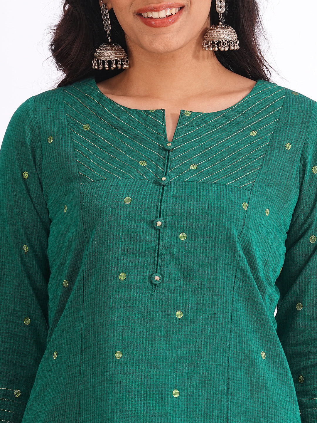 Straight fit textured cotton kurta with woven Zari dots and hand embroidery detailing
