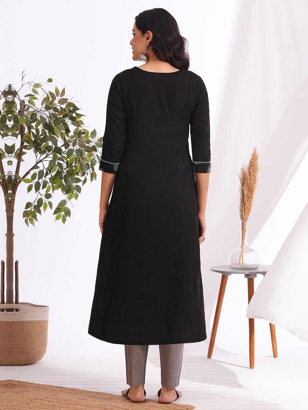 Pocketed A-line cotton kurta with a printed centre panel and hand work detailing (Black)