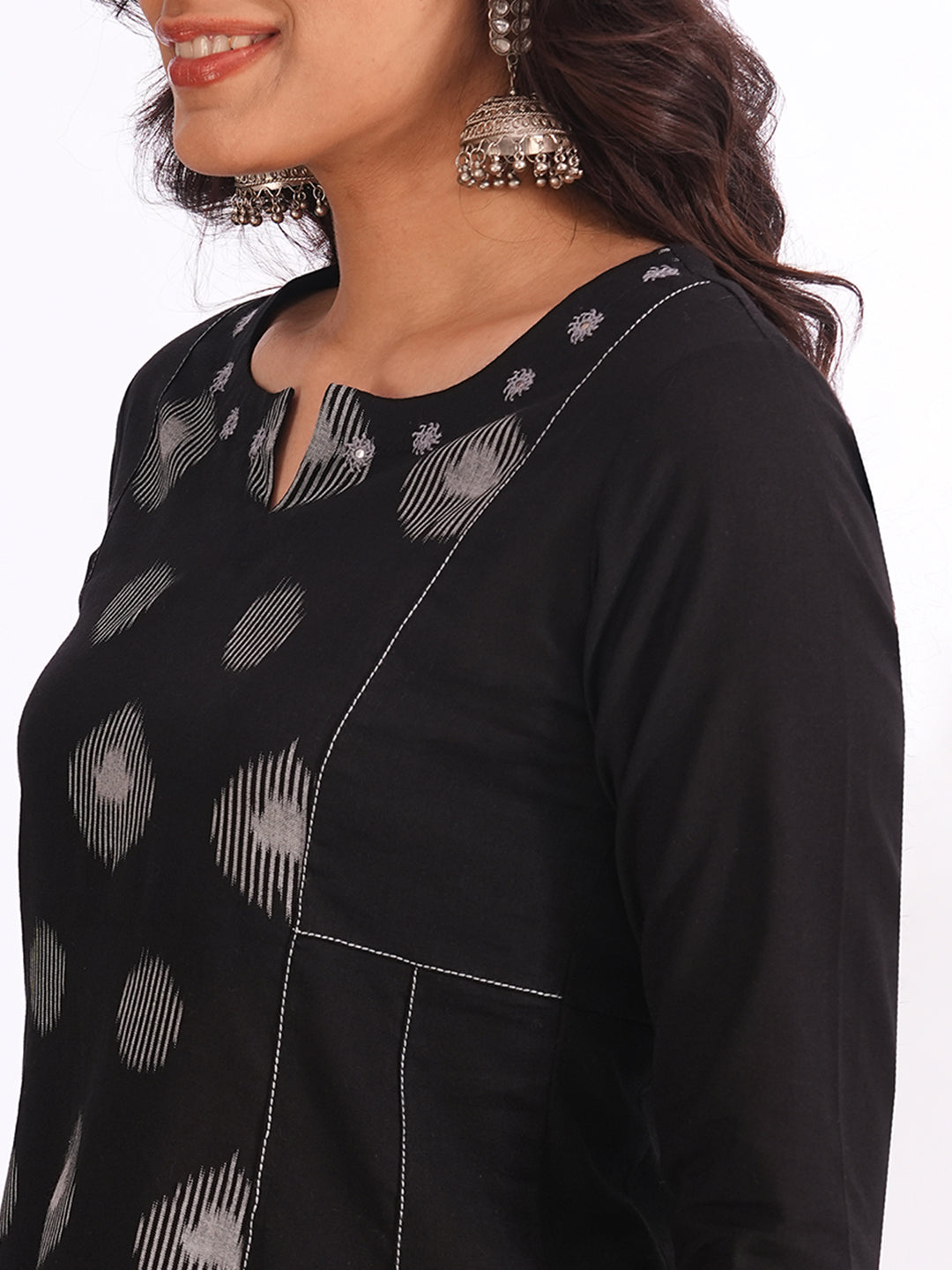 Pocketed A-line cotton kurta with a printed centre panel and hand work detailing (Black)