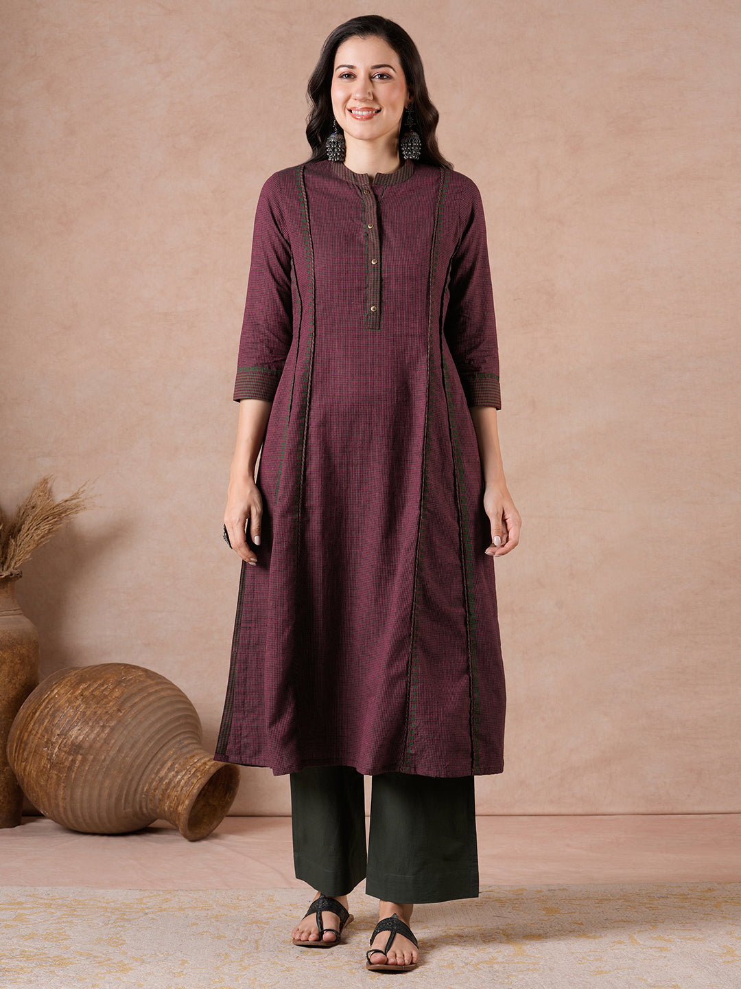 Pocketed A-Line Cotton Checks Kurta with Hand Block Print & Trim Detail.