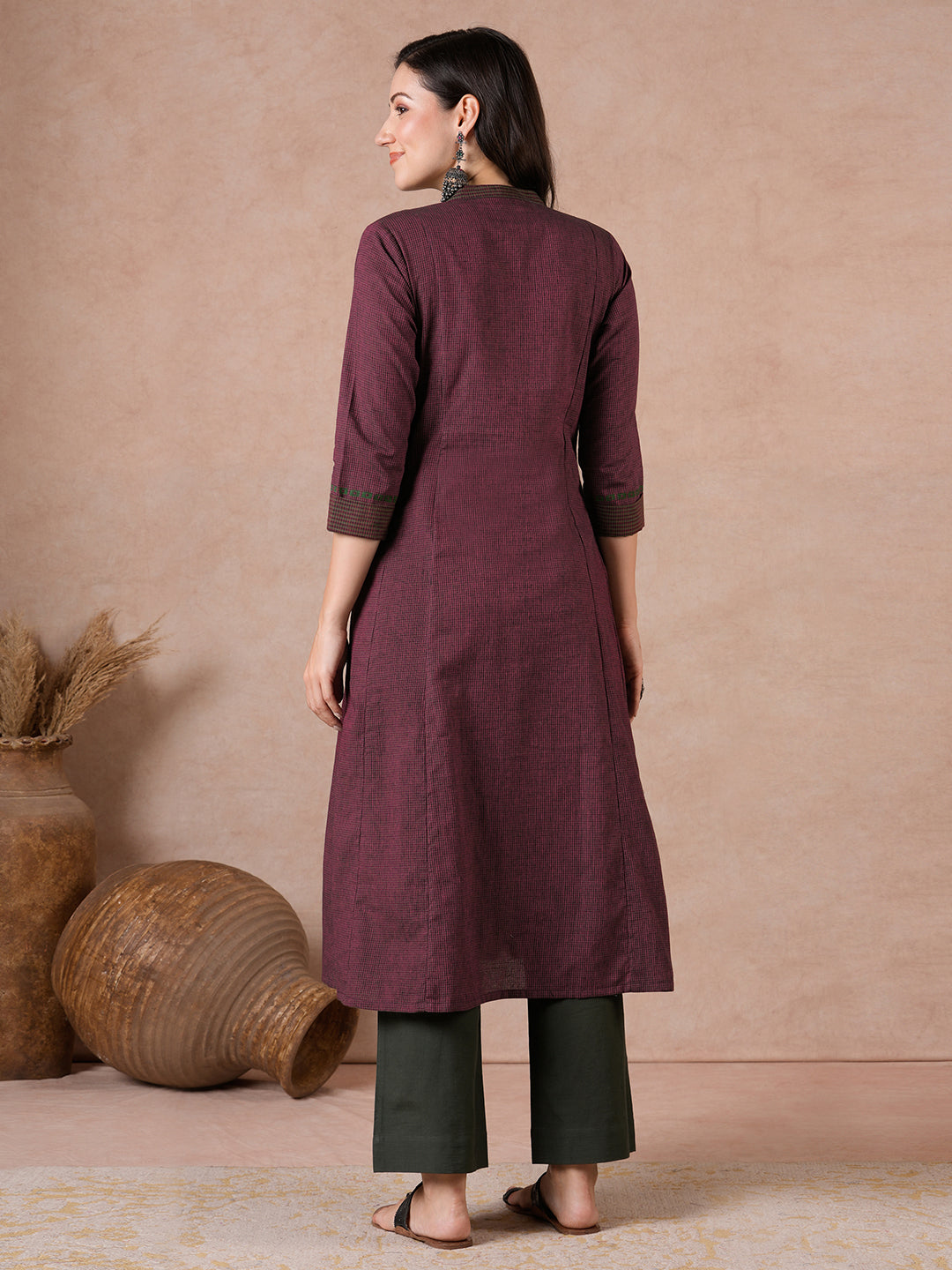 Pocketed A-Line Cotton Checks Kurta with Hand Block Print & Trim Detail.