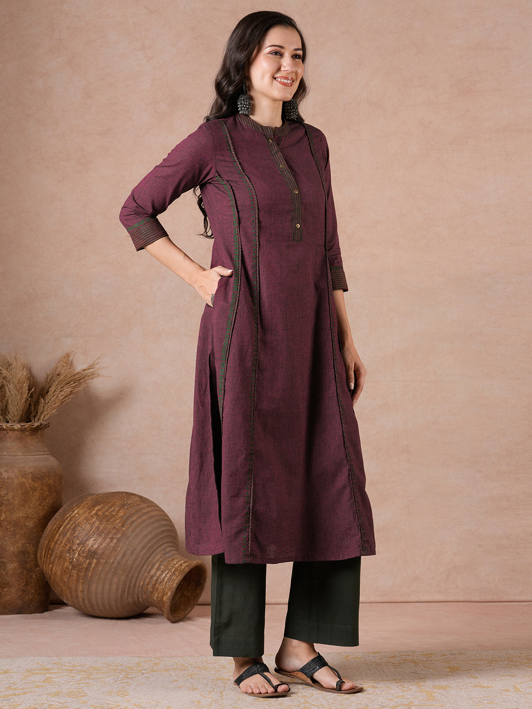 Pocketed A-Line Cotton Checks Kurta with Hand Block Print & Trim Detail.