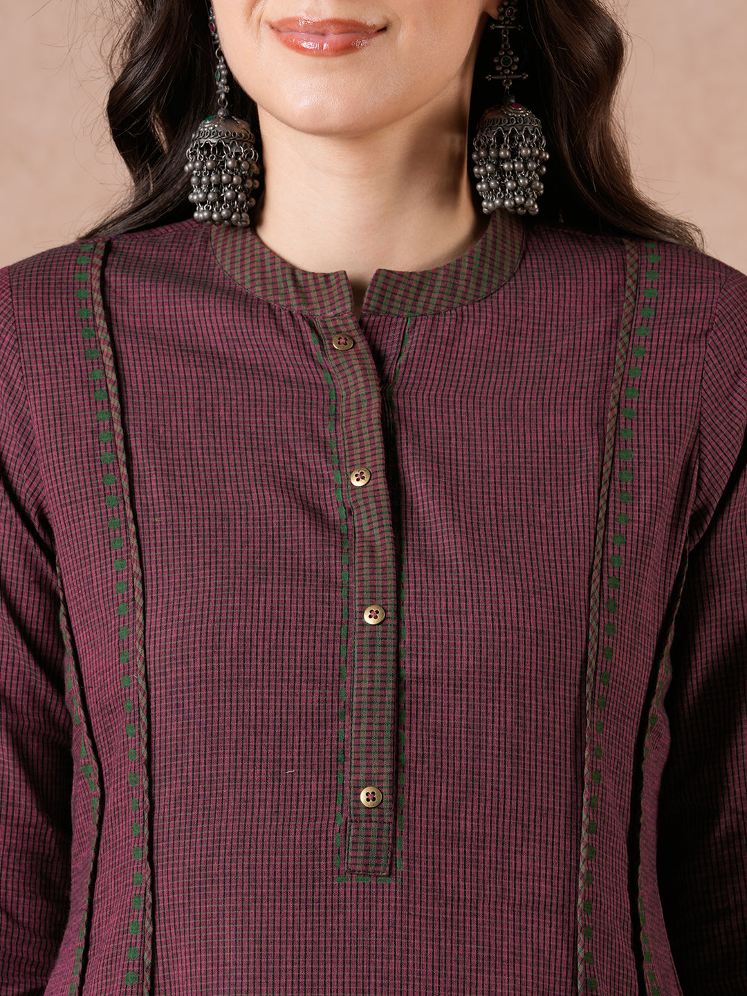 Pocketed A-Line Cotton Checks Kurta with Hand Block Print & Trim Detail.