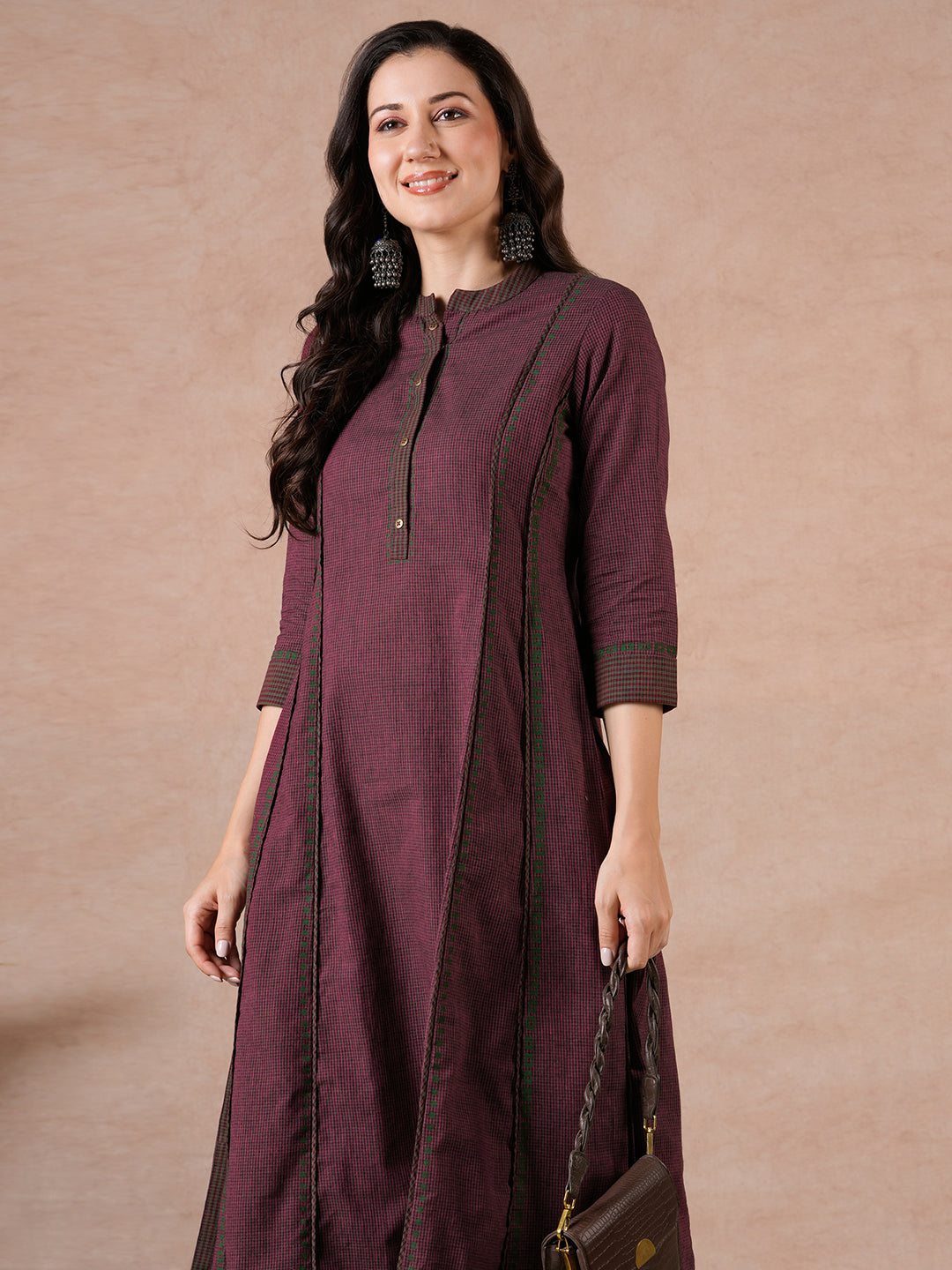 Pocketed A-Line Cotton Checks Kurta with Hand Block Print & Trim Detail.
