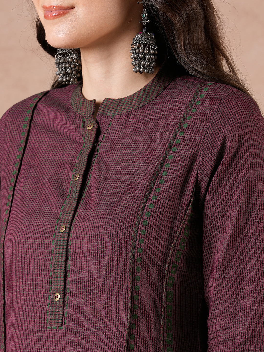 Pocketed A-Line Cotton Checks Kurta with Hand Block Print & Trim Detail.