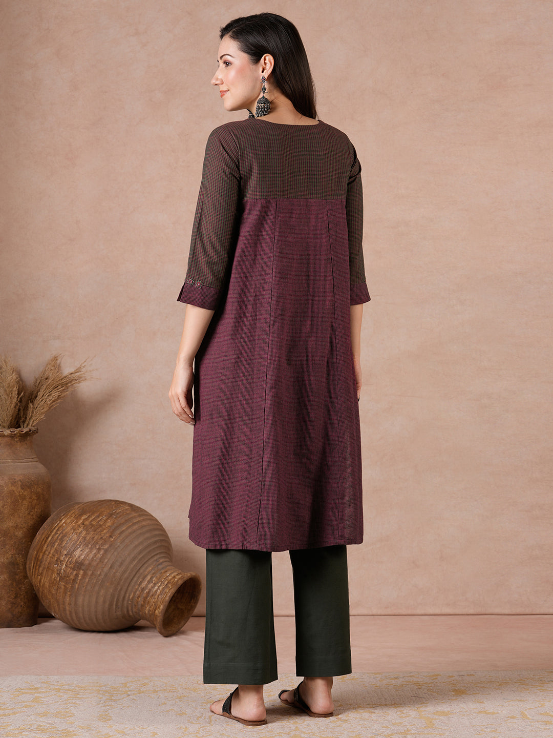 Flared Cotton Kurta with Mirror Work & Checkered Panel and Elegant Sleeve Detailing.