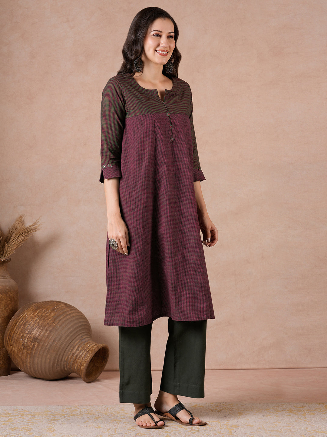 Flared Cotton Kurta with Mirror Work & Checkered Panel and Elegant Sleeve Detailing.