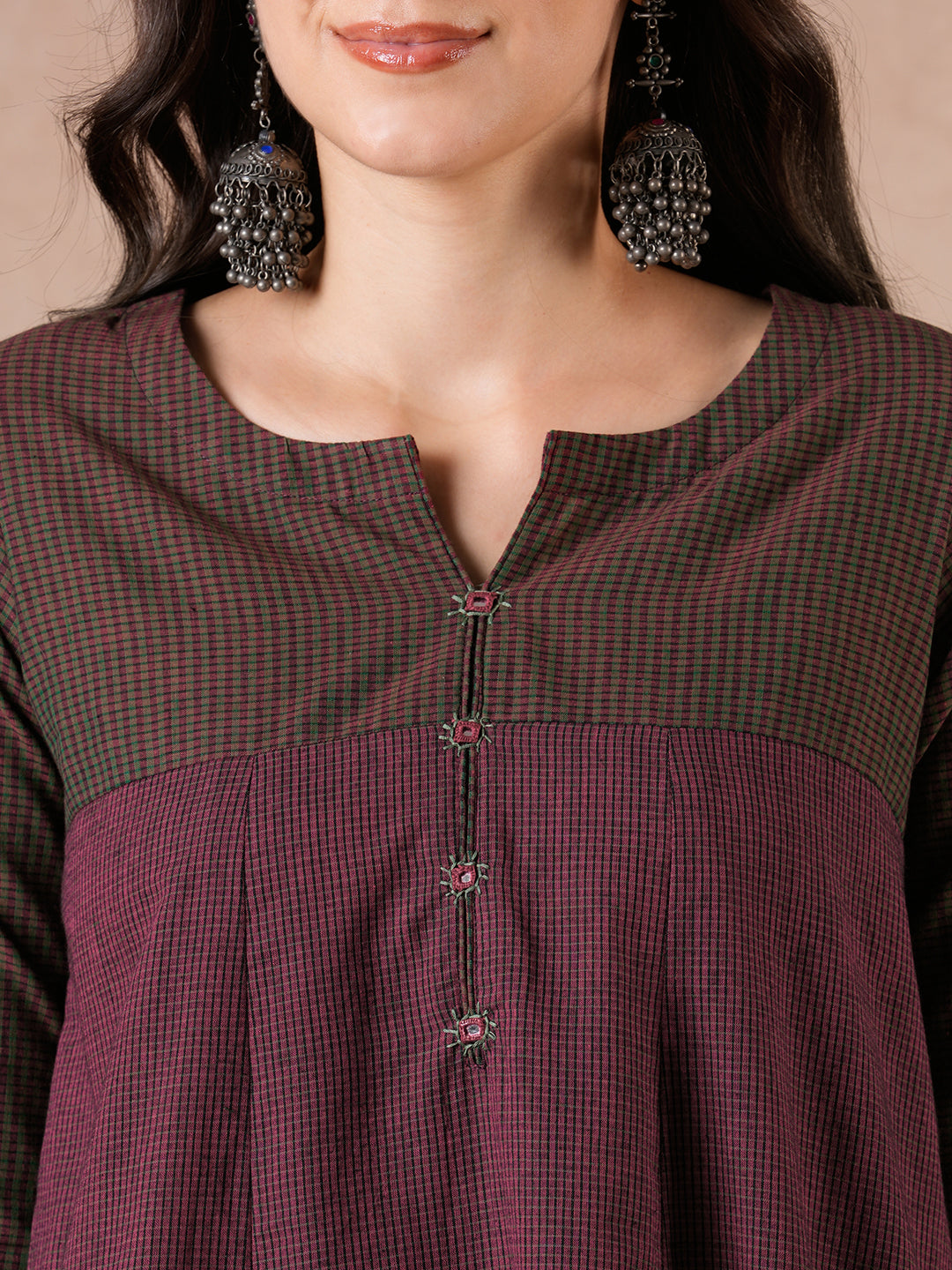 Flared Cotton Kurta with Mirror Work & Checkered Panel and Elegant Sleeve Detailing.