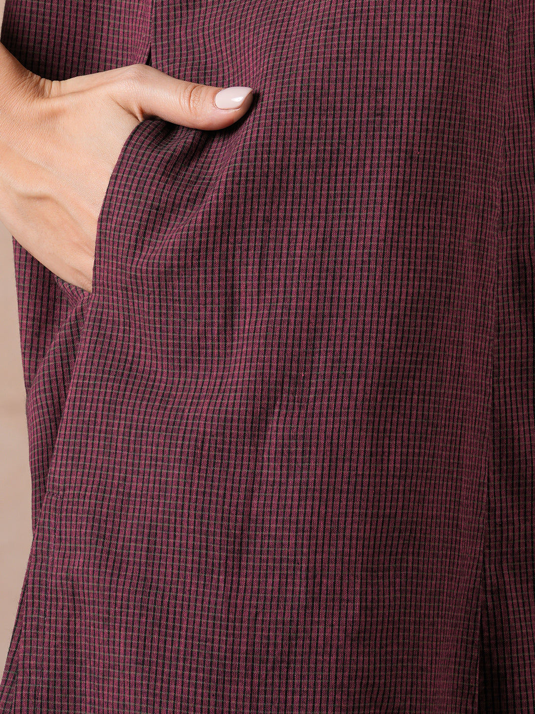 Flared Cotton Kurta with Mirror Work & Checkered Panel and Elegant Sleeve Detailing.