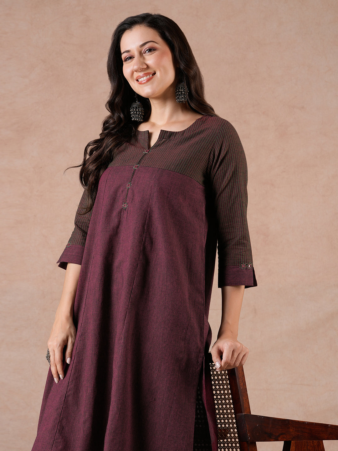 Flared Cotton Kurta with Mirror Work & Checkered Panel and Elegant Sleeve Detailing.