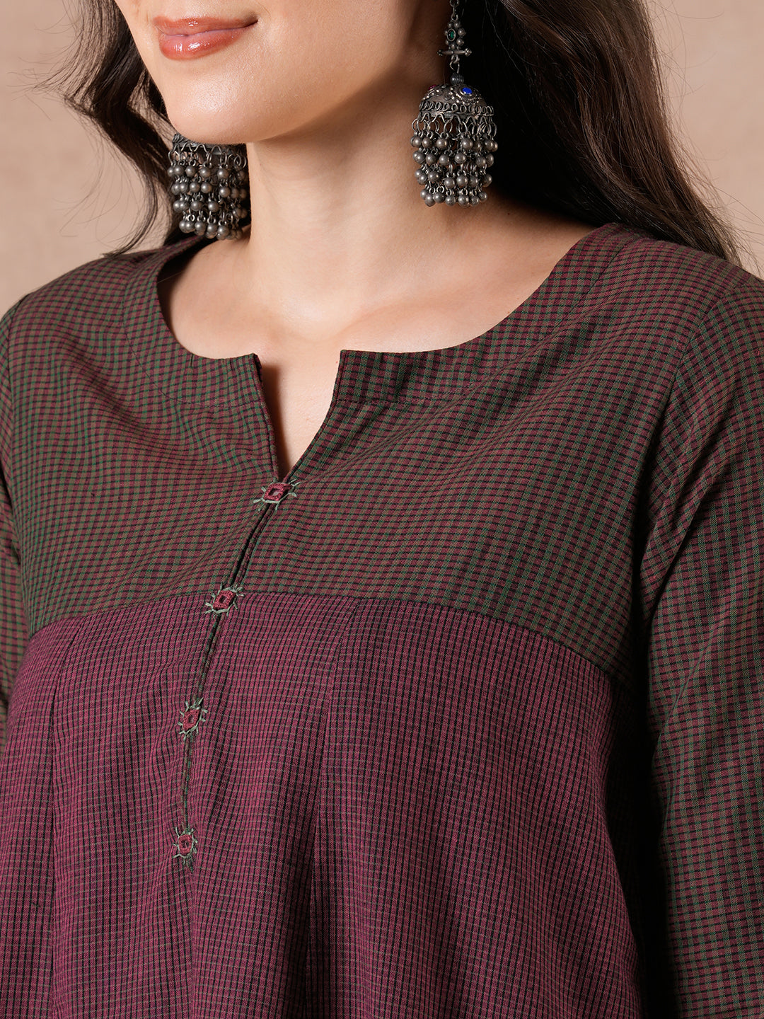 Flared Cotton Kurta with Mirror Work & Checkered Panel and Elegant Sleeve Detailing.