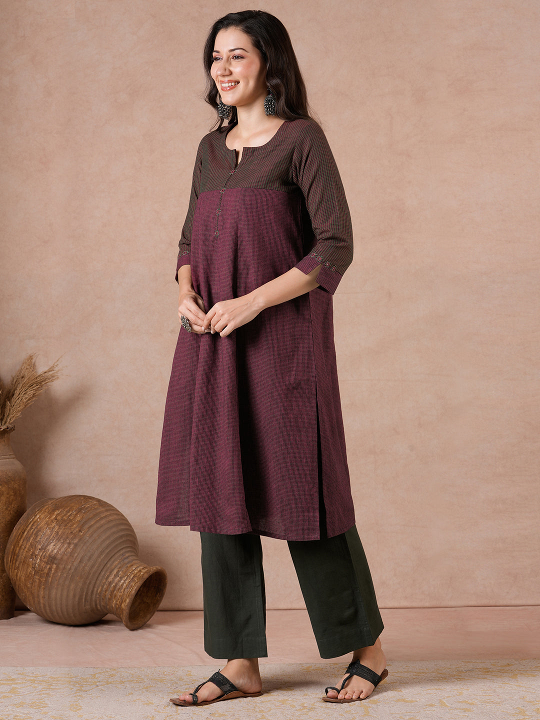 Flared Cotton Kurta with Mirror Work & Checkered Panel and Elegant Sleeve Detailing.